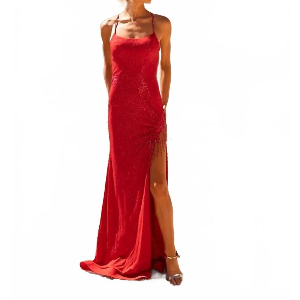 NEW VIENNA PROM lace-up back fringe detail maxi dress in red